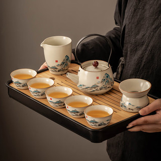 瓷牌茗茶具汝窑功夫茶具套装家用轻奢陶瓷燕尾提梁壶盖碗茶杯茶盘整套礼盒装