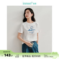 茵曼（INMAN）纯棉减龄短袖T恤2024夏季女装新款花边字母图案圆领百搭上衣 珍珠白