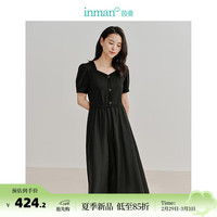 茵曼（INMAN）法式通勤连衣裙2024夏季女装新款拼接方领收腰显瘦短袖长裙子 午夜黑