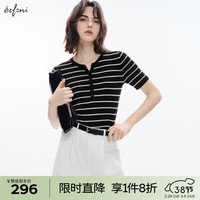 伊芙丽（eifini）【可机洗】伊芙丽纯羊毛圆领条纹撞色针织衫女2024春装新款毛衣 黑色