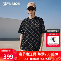 FILA FUSION斐乐潮牌款针织短袖衫2024春时尚宽松纯棉T恤 正黑色-BK 185/104A/XXL