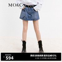 MO&Co.蝴蝶结洗水印花土耳其棉牛仔裙裤短裤美式复古裤子女 牛仔蓝色-第