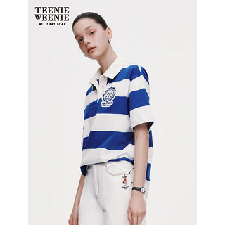 Teenie Weenie小熊2024年条纹POLO领短袖T恤宽松美式复古学院风女 蓝色 160/S