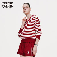 Teenie Weenie小熊2024年撞色V领条纹打底毛衣针织衫薄款插肩袖女 红色 155/XS