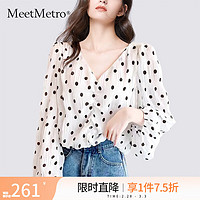 MeetMetro玛依尔波点印花法式衬衫女2024春灯笼袖套头雪纺衫 白色（白底黑）【闪电发】 S