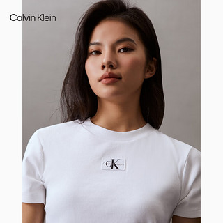 Calvin Klein Jeans24春夏女士简约布标螺纹微弹休闲短款短袖T恤J221595 YAF-月光白 M