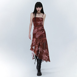 幽灵少女 新中式女装红色不规则吊带裙子