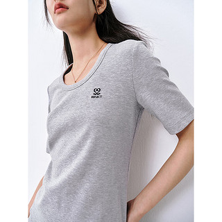 太平鸟2024年夏季U型领针织衫短袖T恤女修身打底衫低领上衣 灰色 S