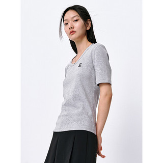 太平鸟2024年夏季U型领针织衫短袖T恤女修身打底衫低领上衣 灰色(第一批) M