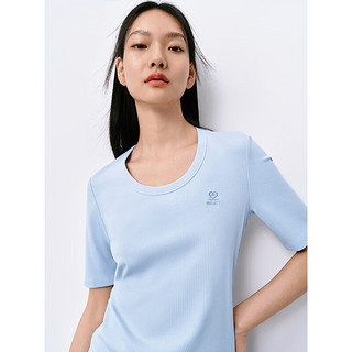 太平鸟2024年夏季U型领针织衫短袖T恤女修身打底衫低领上衣 蓝色(第一批) S