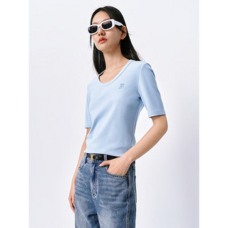 太平鸟2024年夏季U型领针织衫短袖T恤女修身打底衫低领上衣 蓝色(第一批) M