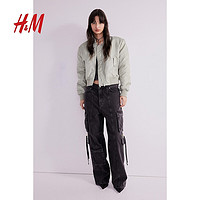 H&M女装外套2024春季复古潮流夹薄棉带垫肩飞行员夹克1215949 浅卡其绿 165/96A