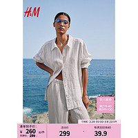 H&M女装上装2024春季时尚休闲宽松百搭亚麻衬衫1204901 奶油色/细条纹 160/88A S
