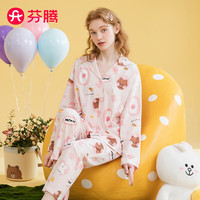 芬腾睡衣女纯棉2024年春秋睡衣翻领长袖开衫萌趣布朗熊IP家居服套装 粉底花 XL