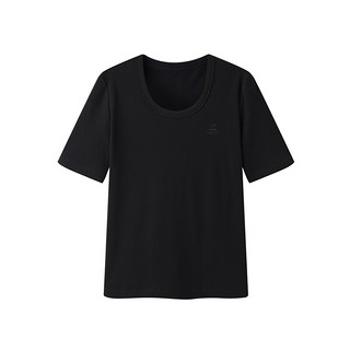 太平鸟2024年夏季U型领针织衫短袖T恤女修身打底衫低领上衣 黑色(第一批) M
