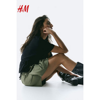 H&M女装T恤2024春季系带设计棉质汗布上衣1225514 黑色 160/88A S