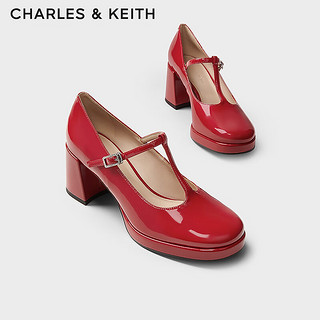 CHARLES&KEITH24春复古漆皮玛丽珍鞋粗跟高跟鞋子女鞋CK1-61720183 Red红色 39