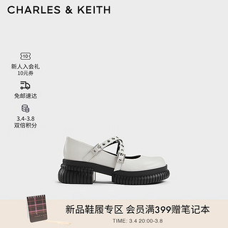 CHARLES&KEITH24春季铆钉交叉带压纹厚底玛丽珍鞋子女鞋女士CK1-70920142 White白色 37