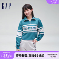 Gap女装春季2024LOGO撞色半拉链套头卫衣405064宽松运动上衣 天青绿 160/80A(S) 亚洲尺码