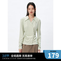 太平鸟2024年春季翻领针织衬衫收腰V领斜门襟气质通勤上衣女 浅绿 L
