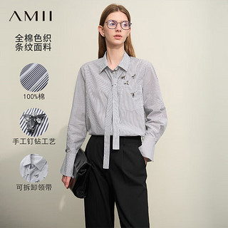 AMII 2024春翻领蜜蜂钉钻配领带法式条纹衬衫女宽松衬衣12451020 黑白条 165/88A/L