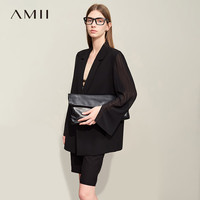 AMII2024春翻驳领撞料拼接一粒扣西装女小宽肩上衣西服外套12441098 黑色 160/84A/M