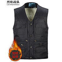 烈焰战队 马甲 男士中老年加长绒毛加厚多口袋宽松棉马夹 冬装保暖背心爸爸装内搭棉坎肩 黑色(卷毛款马甲) XXL(130-140斤)
