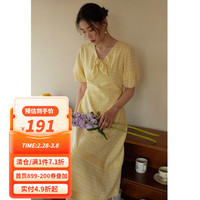 独束大码女装甜美温柔v领茶歇泡泡袖连衣裙夏季微胖mm显瘦裙 香草黄 XL