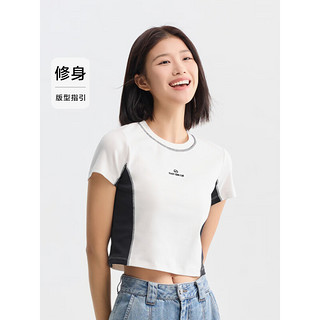 森马（Semir）短袖T恤女短款修身拼色正肩2024夏季明线刺绣套头衫显瘦 白色调00311 165/88A/L