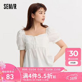 森马（Semir）短袖衬衫女短款方领泡泡袖蝴蝶结温柔甜美夏季俏皮衬衣小个子 本白10102 170/92A/XL