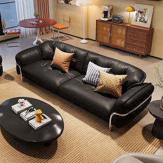 华纳斯沙发 法式复古黑色真皮沙发客厅家用小户型家具现代简约皮艺沙发 【乳胶款-皮感水性猫抓布】 1.9米双人位（一体）