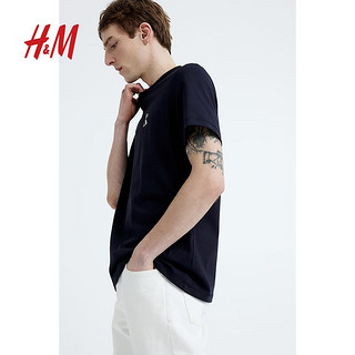 H&M男装2024春季圆领休闲短袖COOLMAX标准版型T恤1216501 海军蓝/法国 180/116A