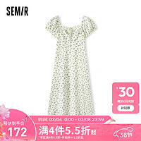 森马（Semir）连衣裙女开叉泡泡袖中长裙2024夏方领雪纺碎花裙浪漫优雅 白色调00311 170/92A/XL