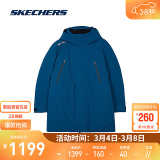 斯凯奇（Skechers）冬季男子梭织中款羽绒外套防泼水保暖舒适百搭 L423M139 水手蓝/00MP XL