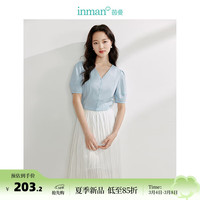 茵曼(INMAN)气质V领衬衣2024夏季女装修身显瘦短袖上衣 蓝色 S
