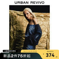 UR【UR设计师系列】2024夏季新款女装斜肩领连衣裙UWA740004 中蓝印花