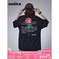 古由卡（GUUKA）城市街头潮牌短袖T恤男春夏潮 时尚休闲玫瑰印花缎带上衣 黑色F7887 M