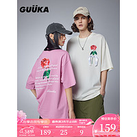 古由卡（GUUKA）城市街头潮牌短袖T恤男春夏潮 时尚休闲玫瑰印花缎带上衣 奶油白F7888 XL