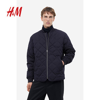 H&M 男装夹克冬季罗纹立领长袖帅气棒球服拉链外套1184242 黑色 180/116A