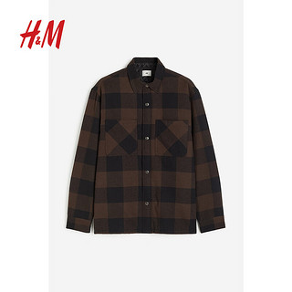 H&M男装休闲柔软舒适翻领格纹长袖外套1070735 棕色/格纹 180/124A