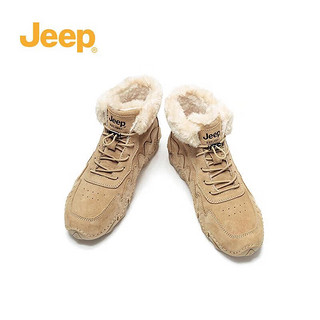 Jeep吉普女鞋加绒短靴女冬款平底加厚保暖棉鞋高帮靴子女 沙色 40 