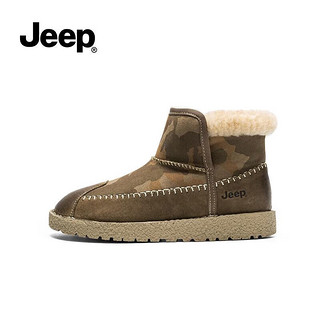 Jeep吉普短筒雪地靴女秋冬款加绒保暖棉鞋女士一脚蹬短靴踝靴女 迷彩绿 37