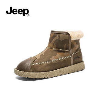 Jeep吉普短筒雪地靴女秋冬款加绒保暖棉鞋女士一脚蹬短靴踝靴女 迷彩绿 36