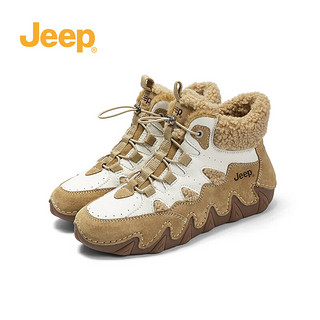 Jeep吉普厚底雪地靴女加绒冬季款高帮棉鞋英伦短靴 白沙色 38 