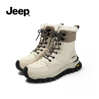 Jeep吉普加绒加厚雪地靴女厚底保暖马丁靴东北防滑棉鞋女 米白色 40(正常尺码,脚感舒适)