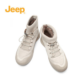 Jeep吉普袜靴女秋冬款厚底针织羊毛保暖短靴高帮鞋女 灰色加绒 37  灰色  加绒