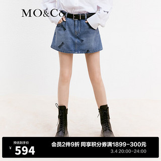 MO&Co.蝴蝶结洗水印花土耳其棉牛仔裙裤短裤美式复古裤子女 牛仔蓝色-第1批 26/S