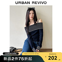 UR2024春季女装海军风撞色条纹一字领修身针织衫UWU940095 藏青 S