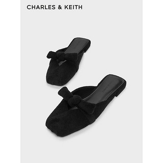 CHARLES&KEITH24春季绒布蝴蝶结包头平底拖鞋女CK1-70920141 BLACK TEXTURED黑色纹理 38