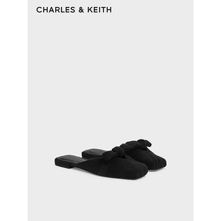 CHARLES&KEITH24春季绒布蝴蝶结包头平底拖鞋女CK1-70920141 BLACK TEXTURED黑色纹理 38